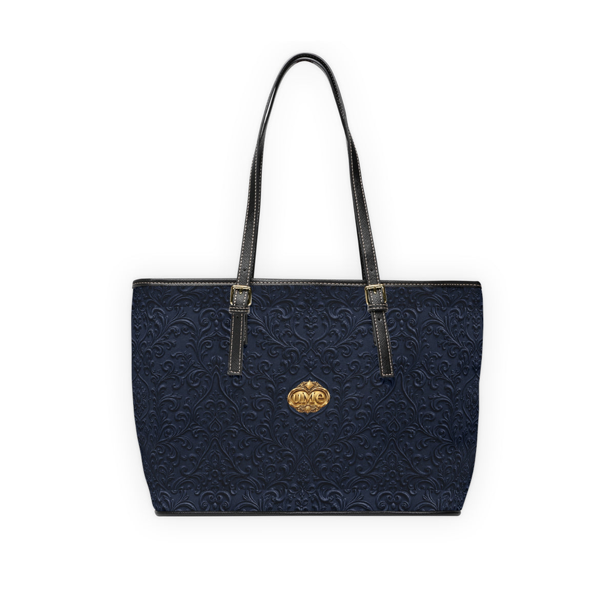 Navy UME Gold Crest Shoulder Tote — PU Faux Leather Scroll Print