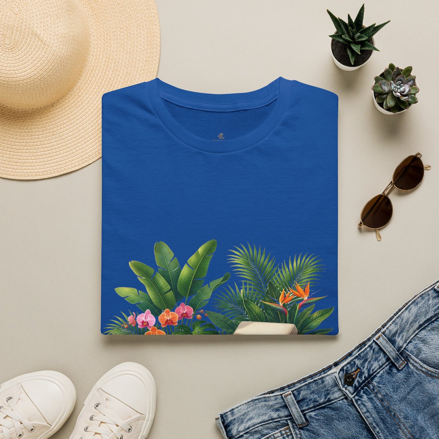 Tropical Lounge T-Shirt — Cozy Chair & Palm Floral Graphic Tee