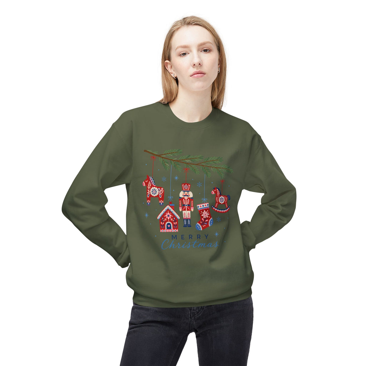 Merry Christmas Scandinavian Folk Art Crewneck Sweatshirt — White, Red & More