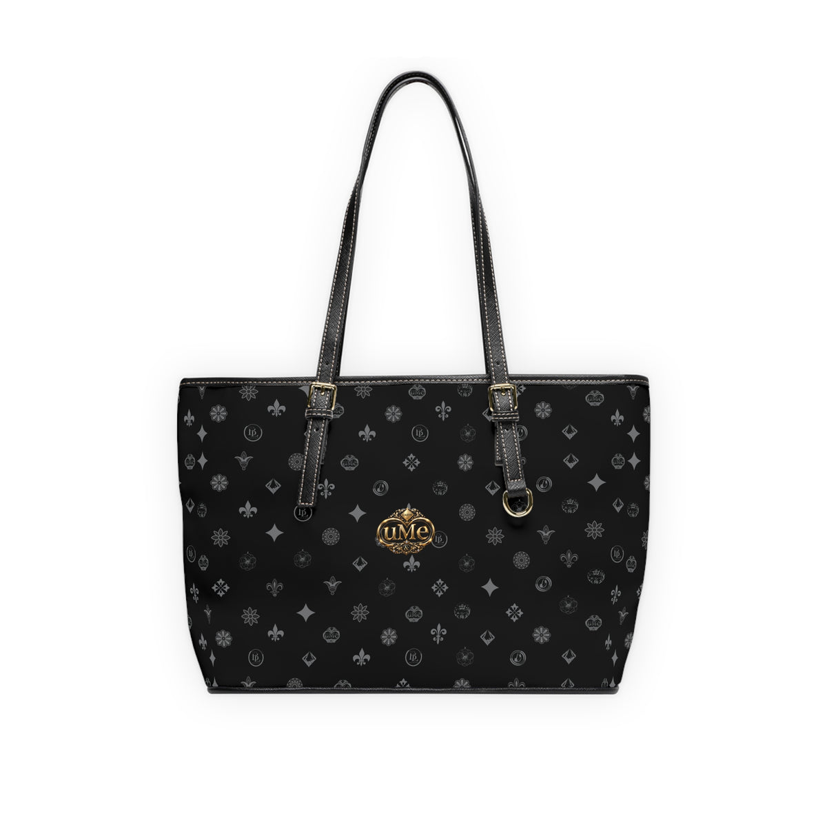Black PU Leather Shoulder Bag with Monogram Crest Pattern