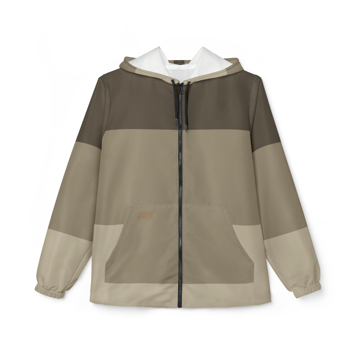 Neutral Striped Windbreaker Jacket — Beige Lightweight Hooded All-Over Print