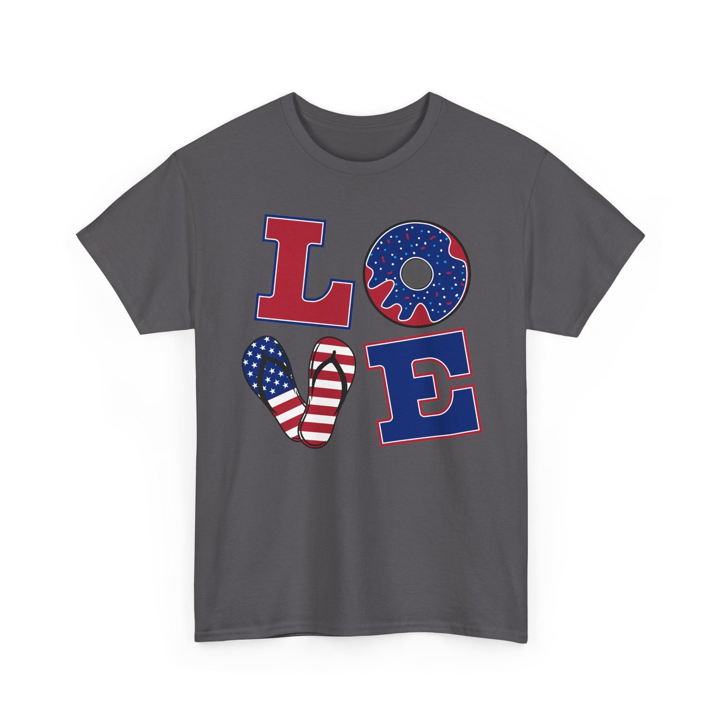 Patriotic "LOVE" Tee – American Flag Donut Heart 4th of July Shirt