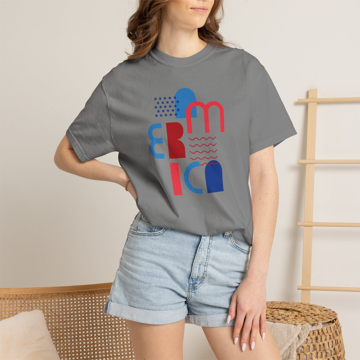 T-Shirt — Abstract 'America' Graphic Tee (Red & Blue Geometric Design)