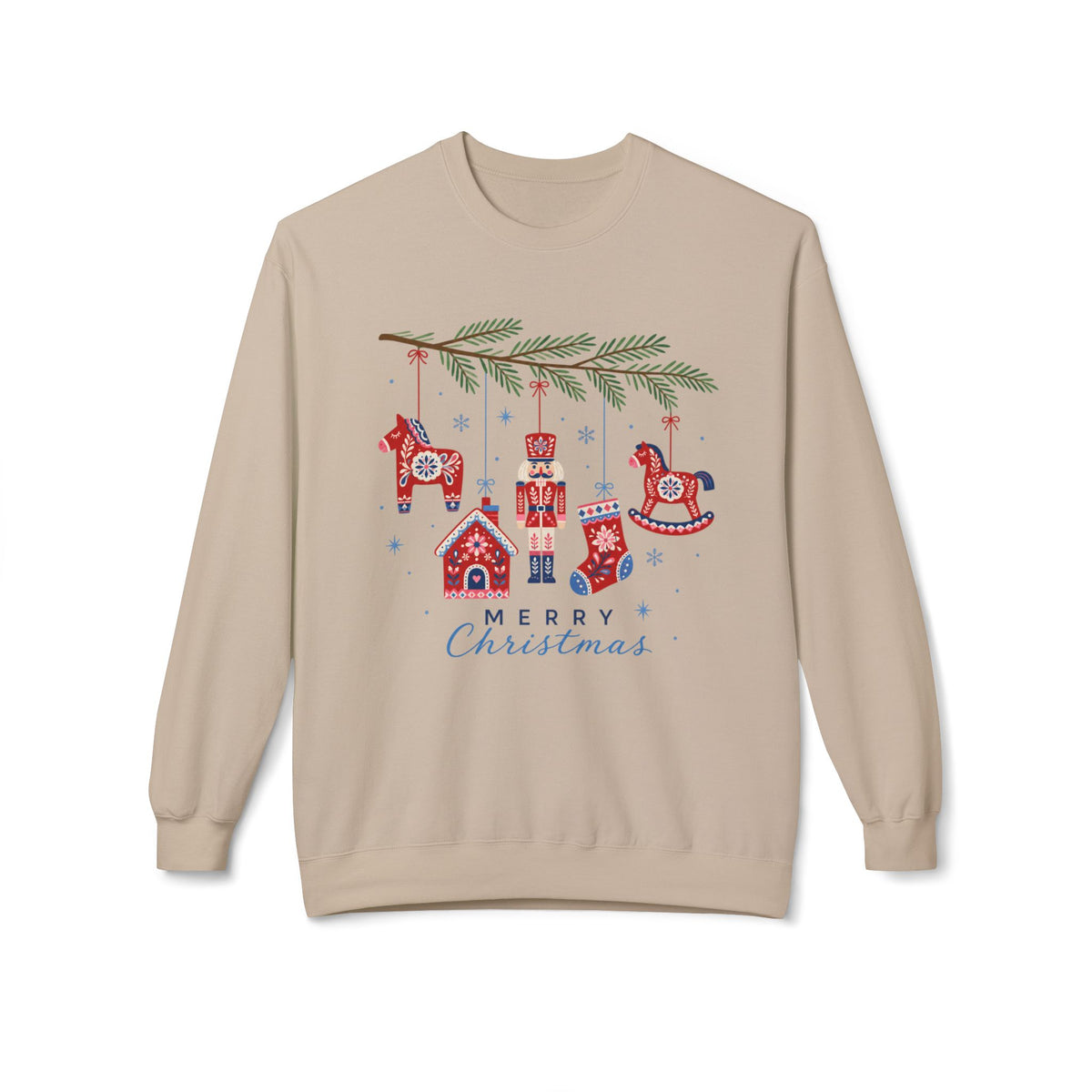 Merry Christmas Scandinavian Folk Art Crewneck Sweatshirt — White, Red & More