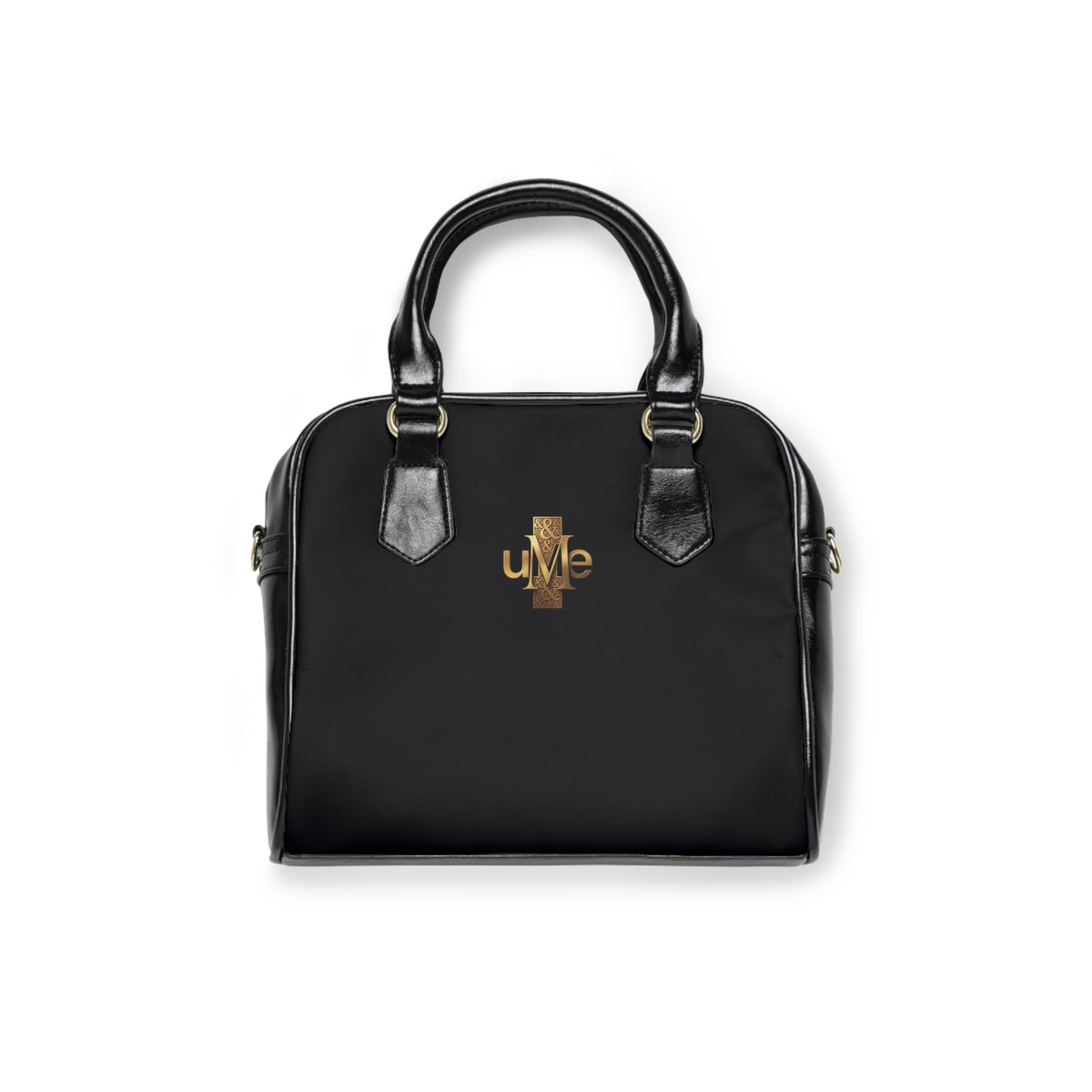 Black Shoulder Handbag — Faux Leather Tote with Gold uMe Cross Logo