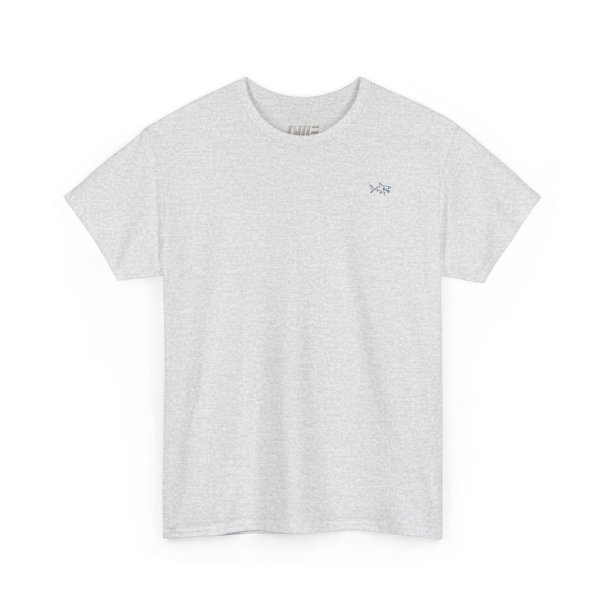 Minimalist string design Fish Tee — Small Chest Fish & Back 'OWE' Graphic
