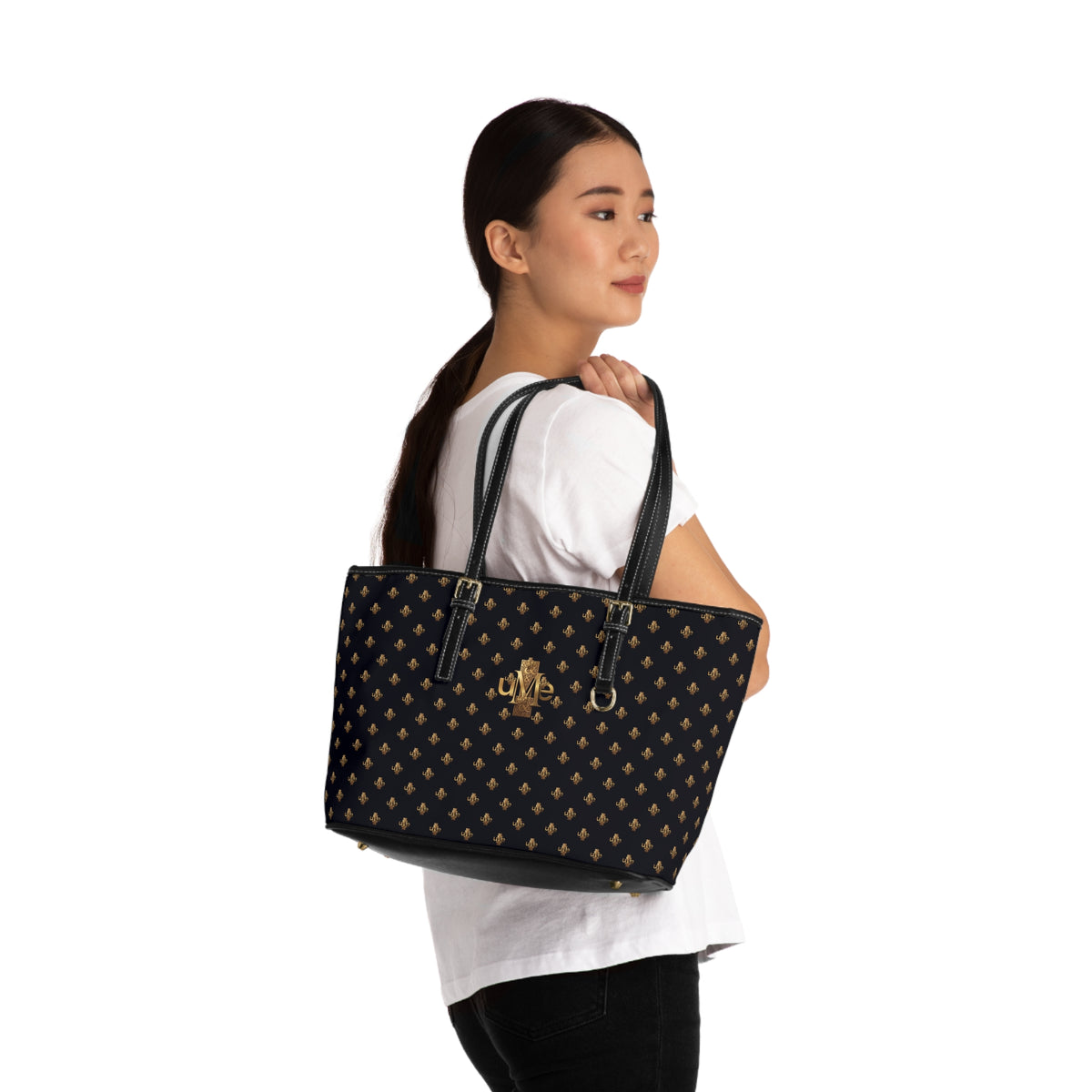 Black PU Leather Shoulder Tote — Gold uMe Cross Logo Handbag