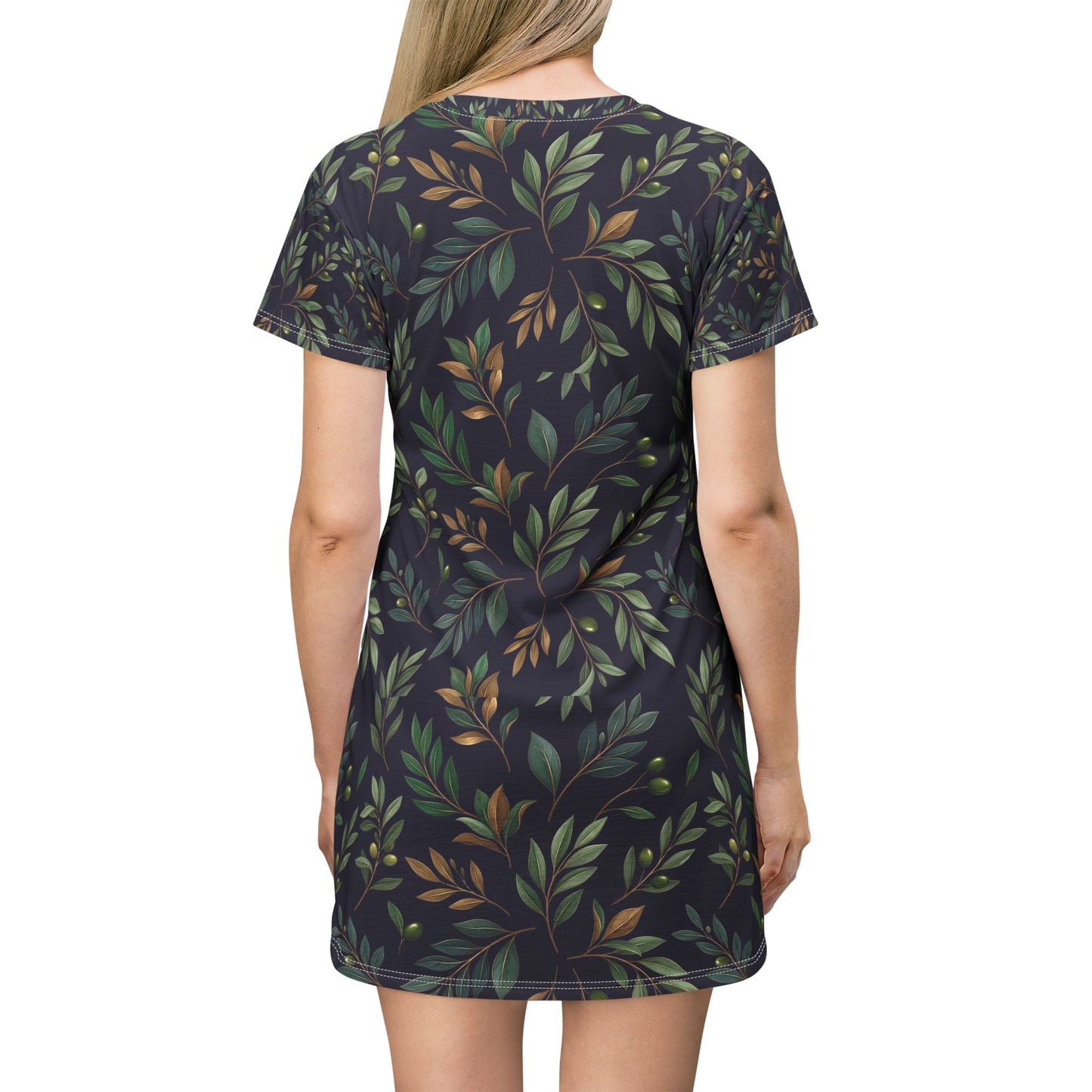 Botanical Vine T-Shirt Dress — Green & Earthy All-Over Print