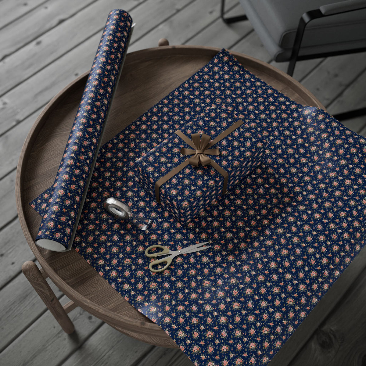 Floral Navy Wrapping Paper Roll — Vintage Rose Gift Wrap for Birthdays & Anniversaries