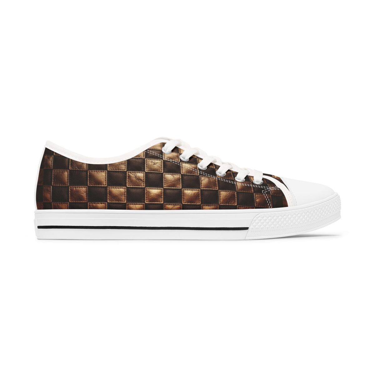 Low Top Sneakers — Brown Checkerboard Woven-Effect Print Women's Casual Shoes