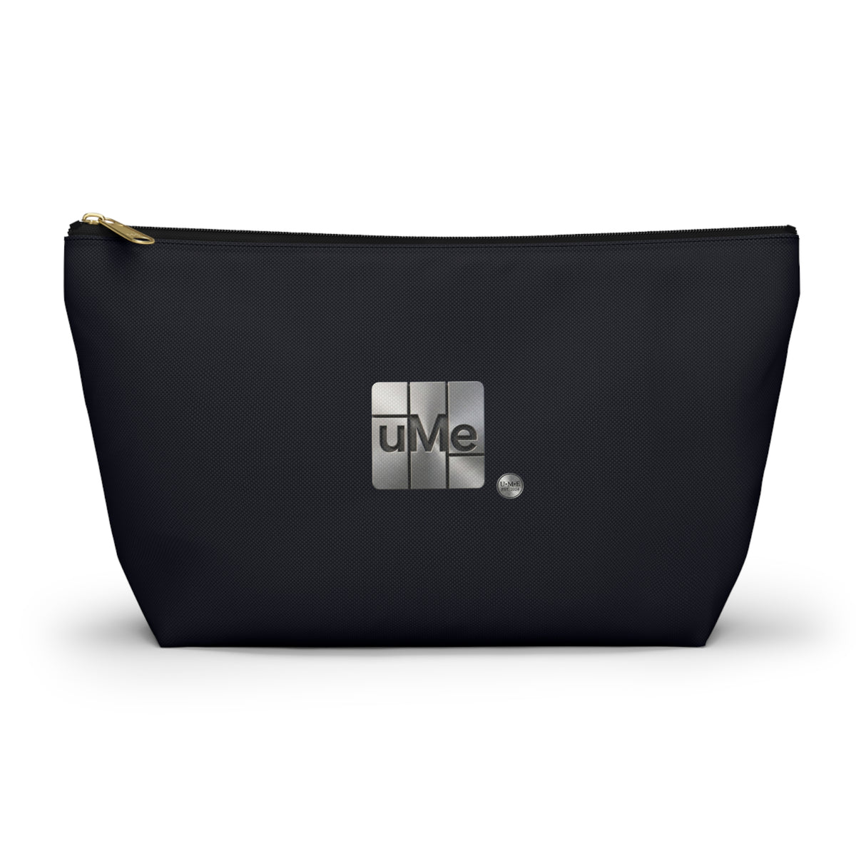 Accessory Pouch — Sleek Black T‑Bottom Cosmetic & Tech Organizer with Metallic 'uMe' Logo