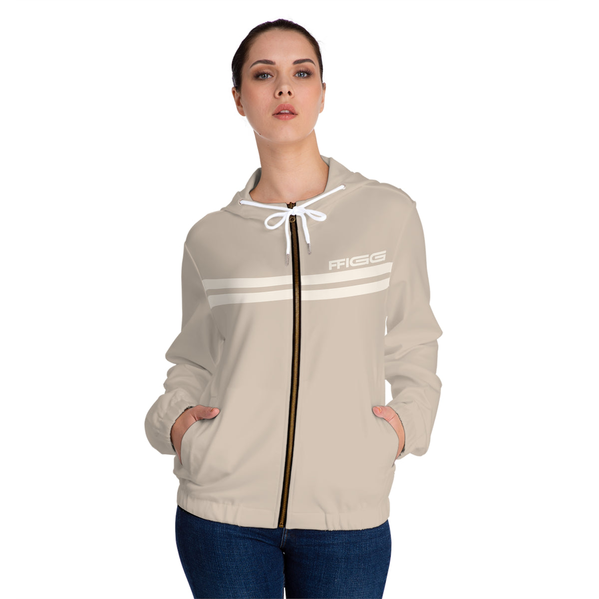 Women’s Full-Zip Hoodie with Retro Stripe Design — Sand Beige All-Over Print