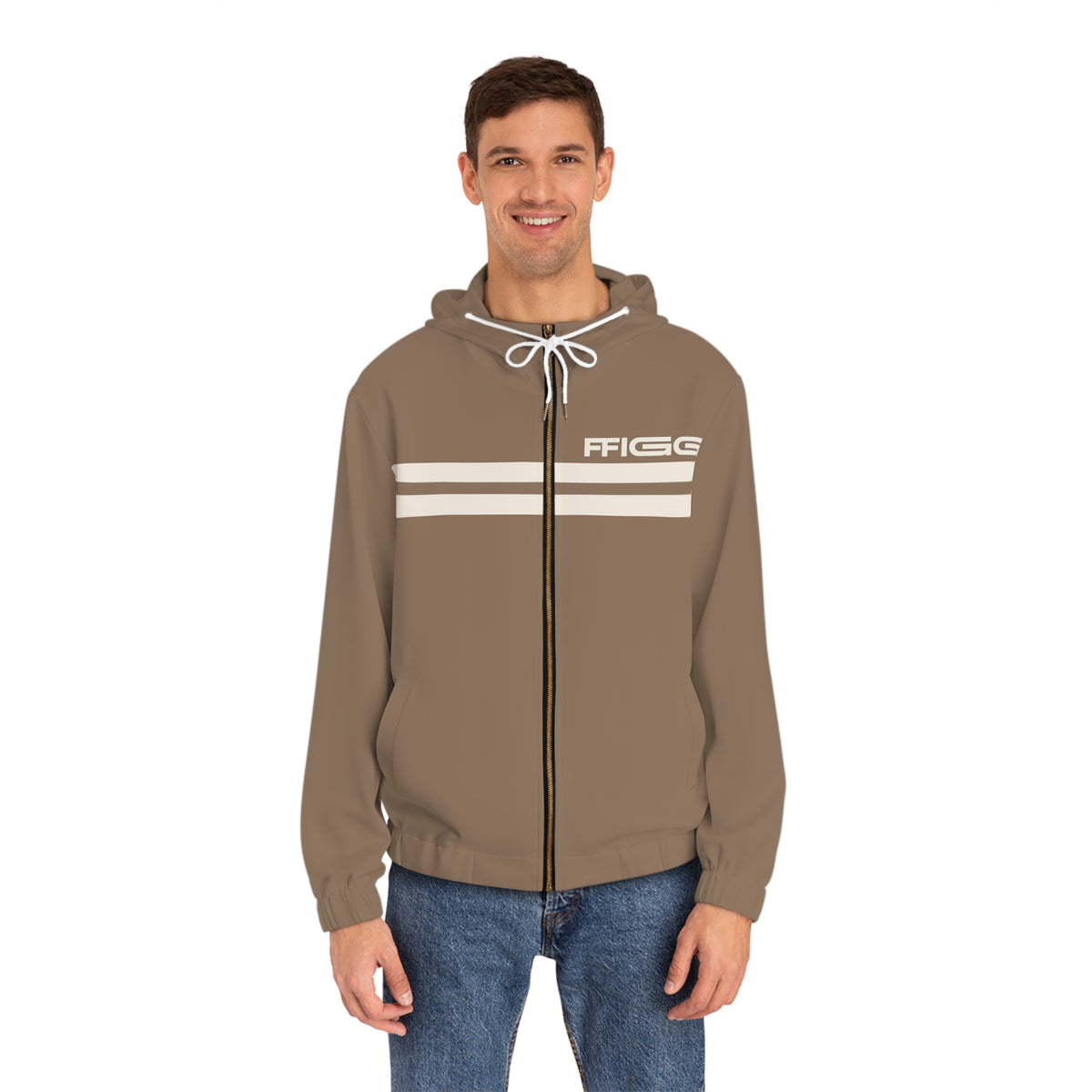 FFiGG Striped Full-Zip Hoodie — Taupe All-Over Print