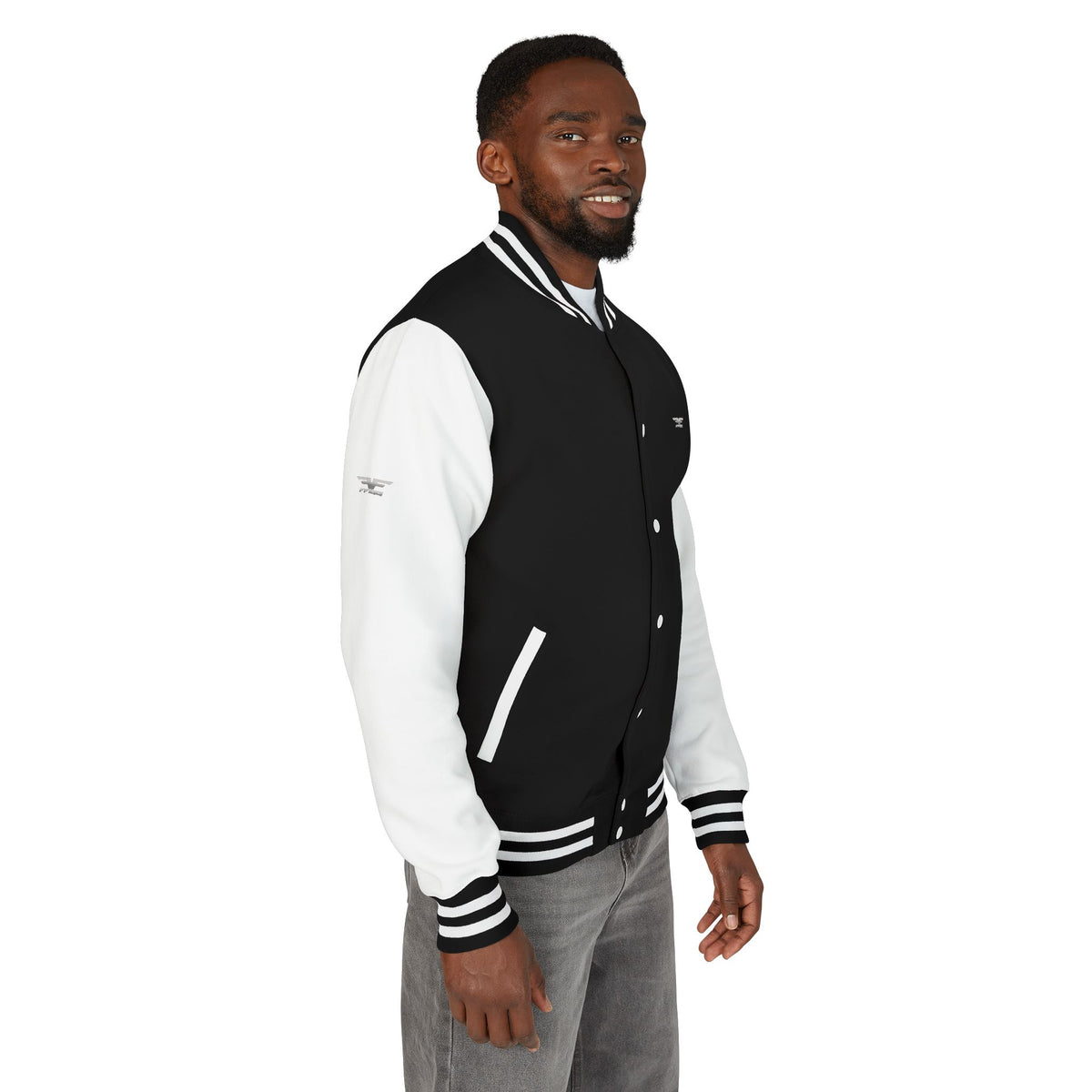 Black and White Varsity Jacket with Winged Logo
