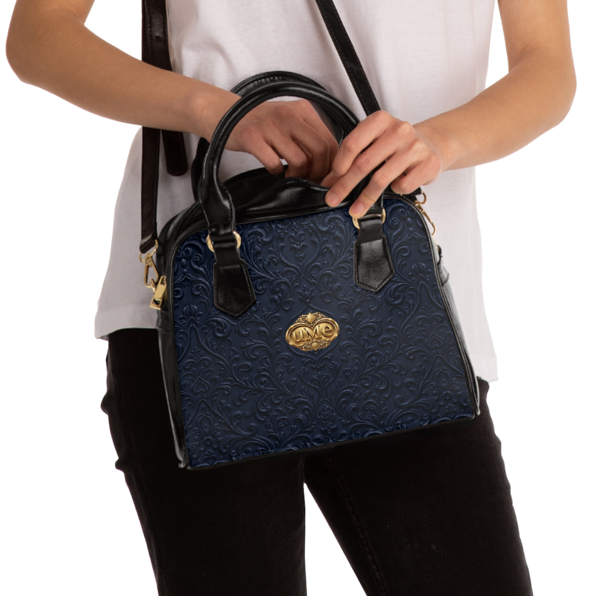 Navy UME Gold Crest Shoulder Handbag — Faux Leather Scroll Print
