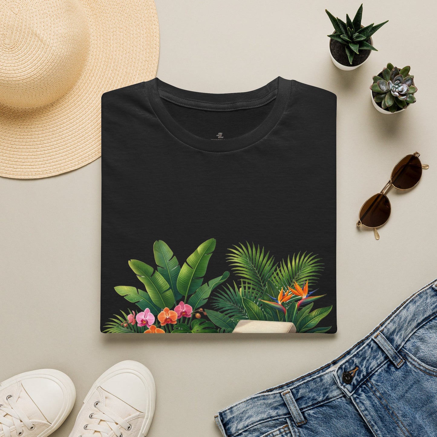 Tropical Lounge T-Shirt — Cozy Chair & Palm Floral Graphic Tee