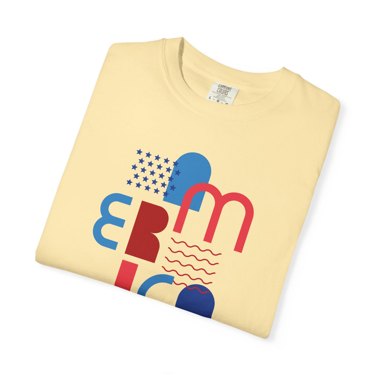 T-Shirt — Abstract 'America' Graphic Tee (Red & Blue Geometric Design)