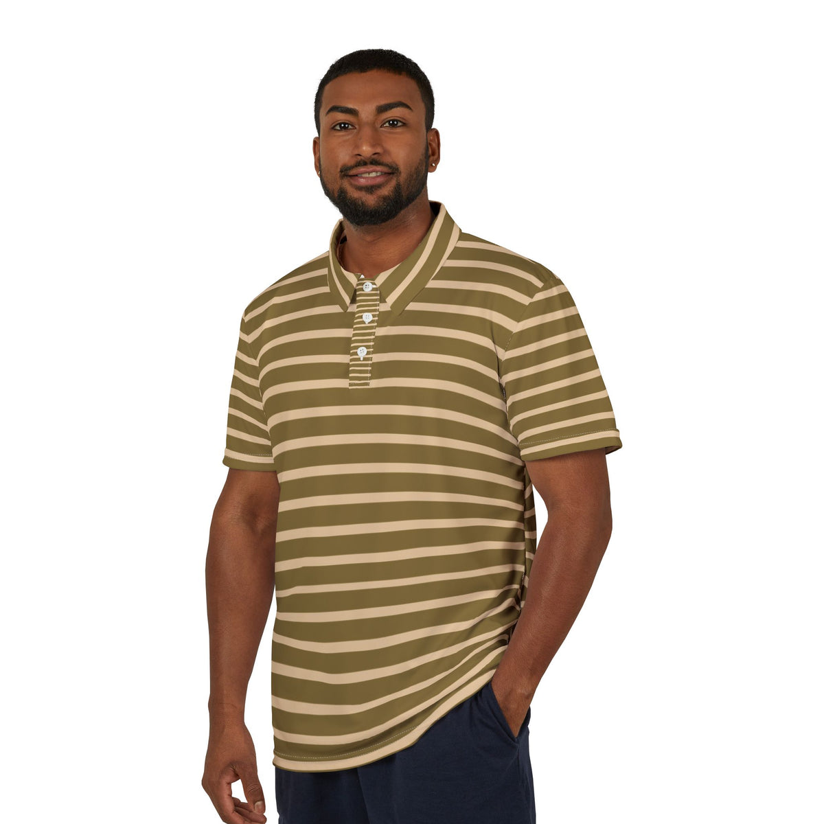 Olive & Khaki Striped Performance Polo Shirt — All-Over Print