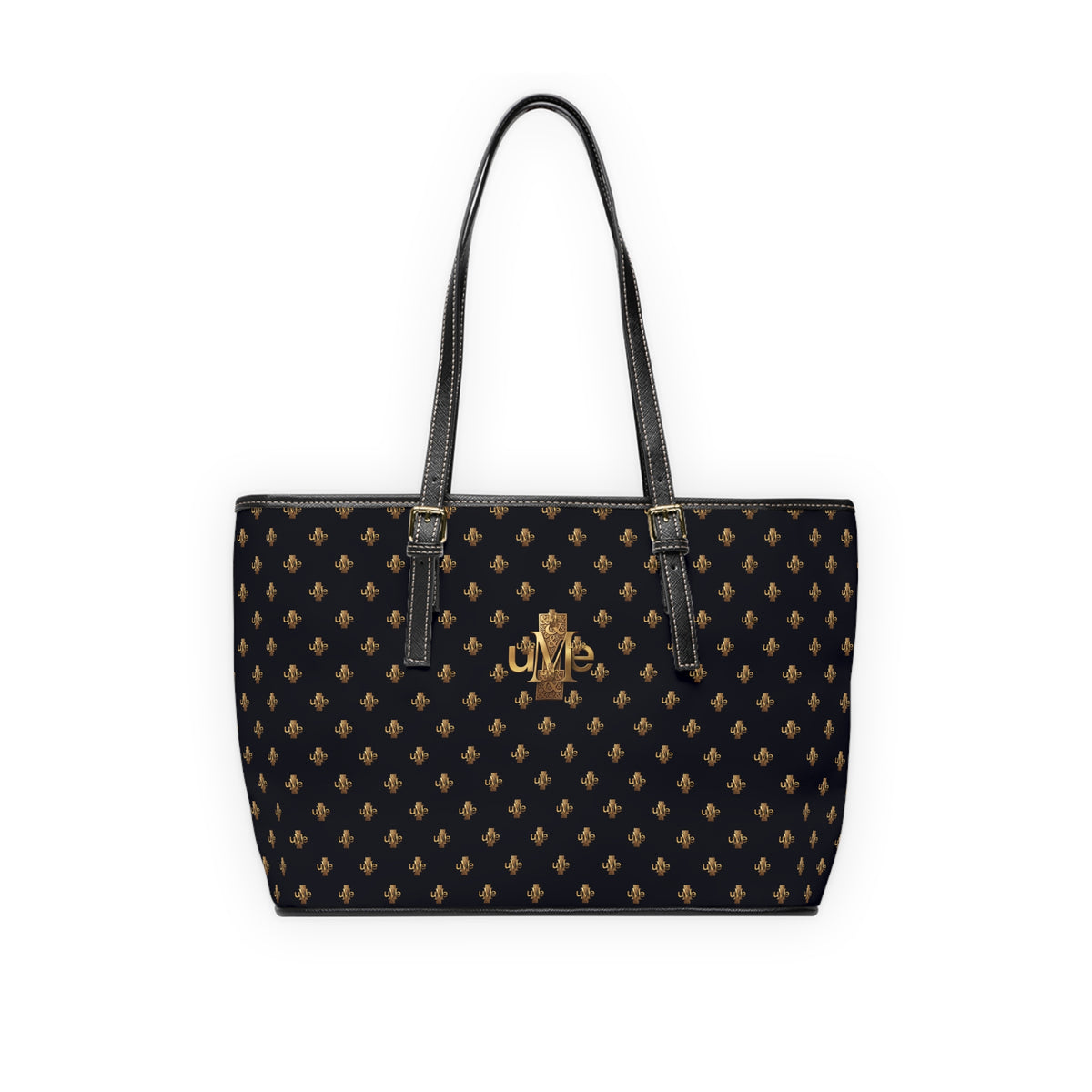 Black PU Leather Shoulder Tote — Gold uMe Cross Logo Handbag
