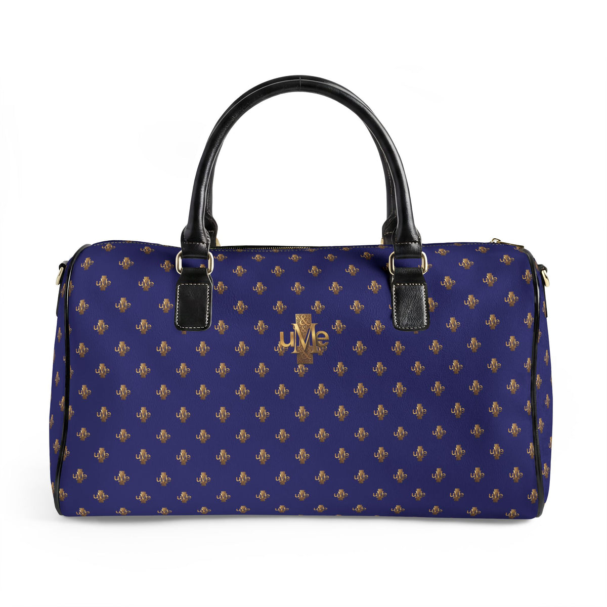 UME Logo Faux-Leather Travel Bag — Navy and Gold Weekender