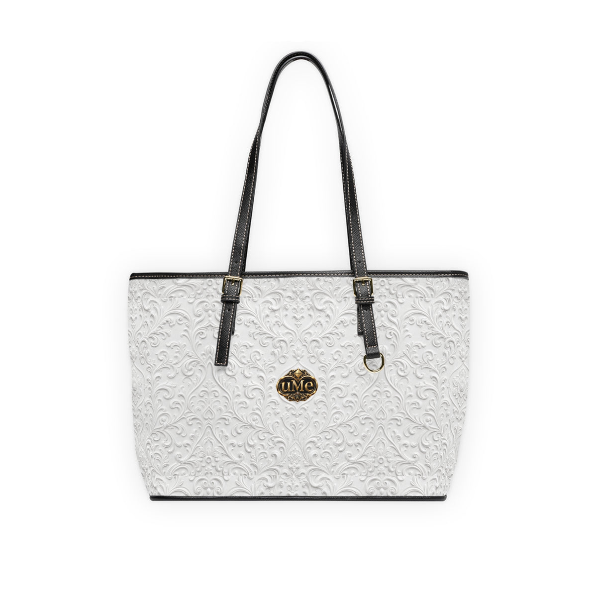 White UME Gold Crest Shoulder Tote — PU Faux Leather Scroll Print