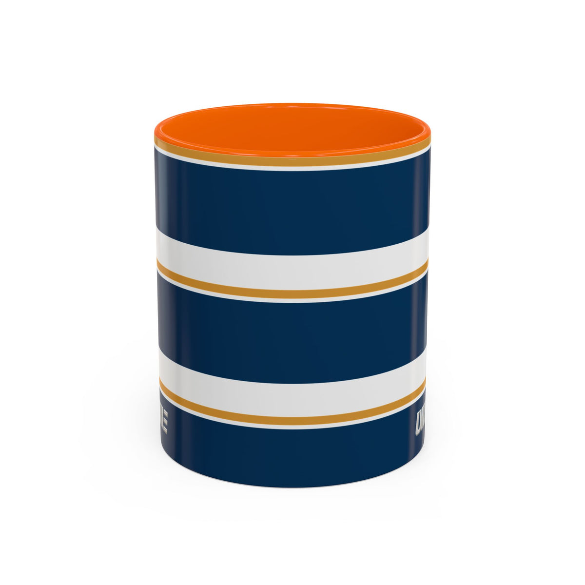Navy and Gold Striped Accent Mug — White Ceramic
