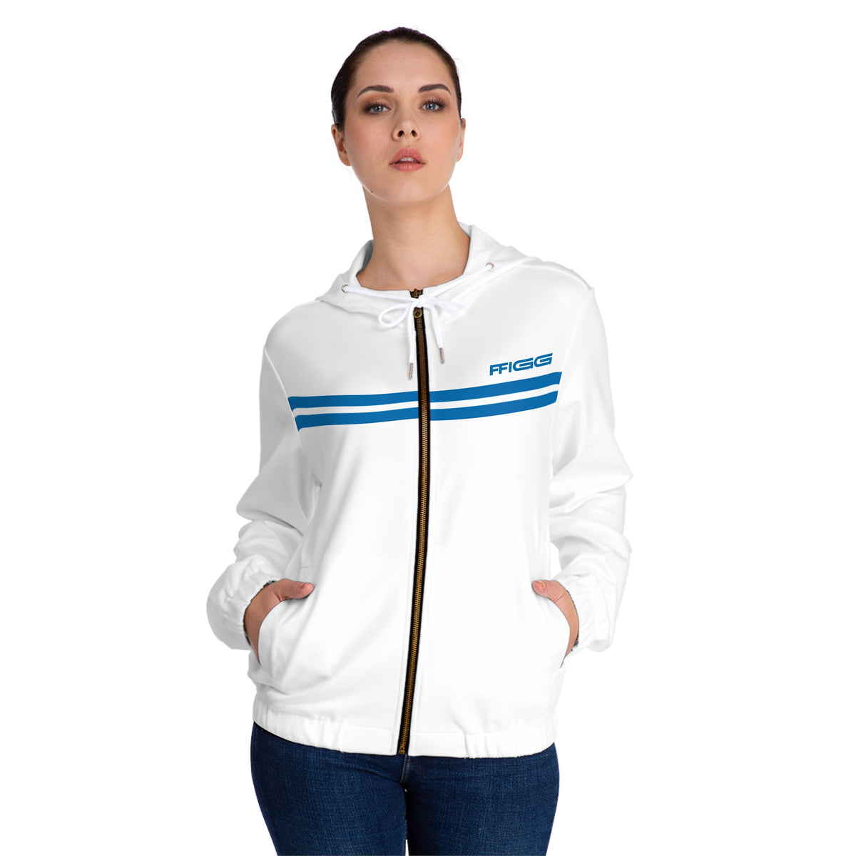 Women’s FFiGG Full-Zip Hoodie — White Blue-Stripe All-Over Print