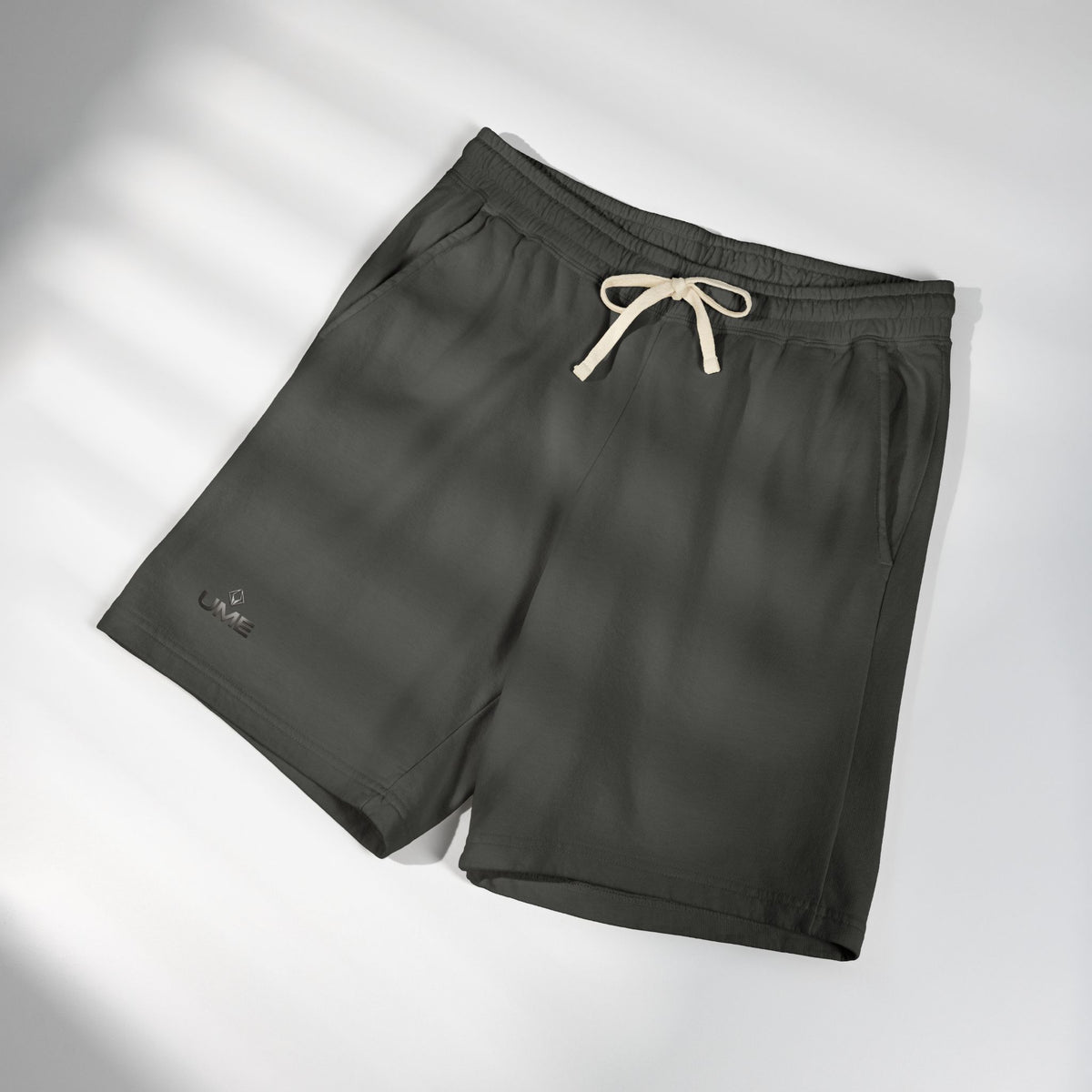 Fleece Sweat Shorts — Garment-Dyed UME Dark Grey Logo All-Over Print