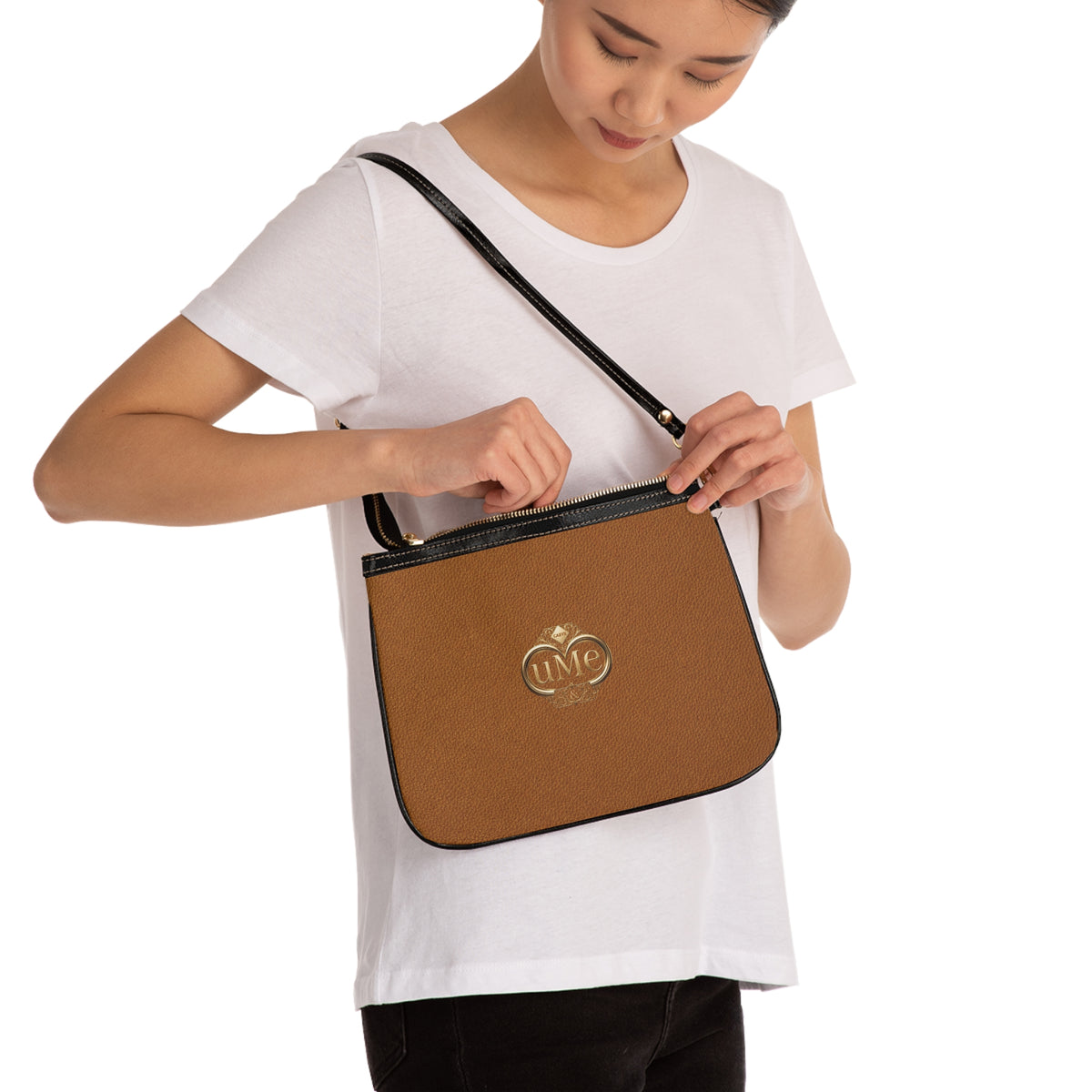 Brown Leatherette Small Shoulder Bag — Minimalist Shoulder Purse with Gold Emblem