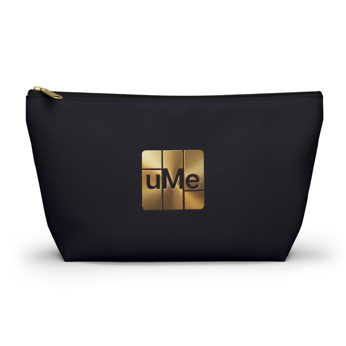 Gold uMe Logo Accessory Pouch — Black T‑Bottom Makeup & Travel Organizer