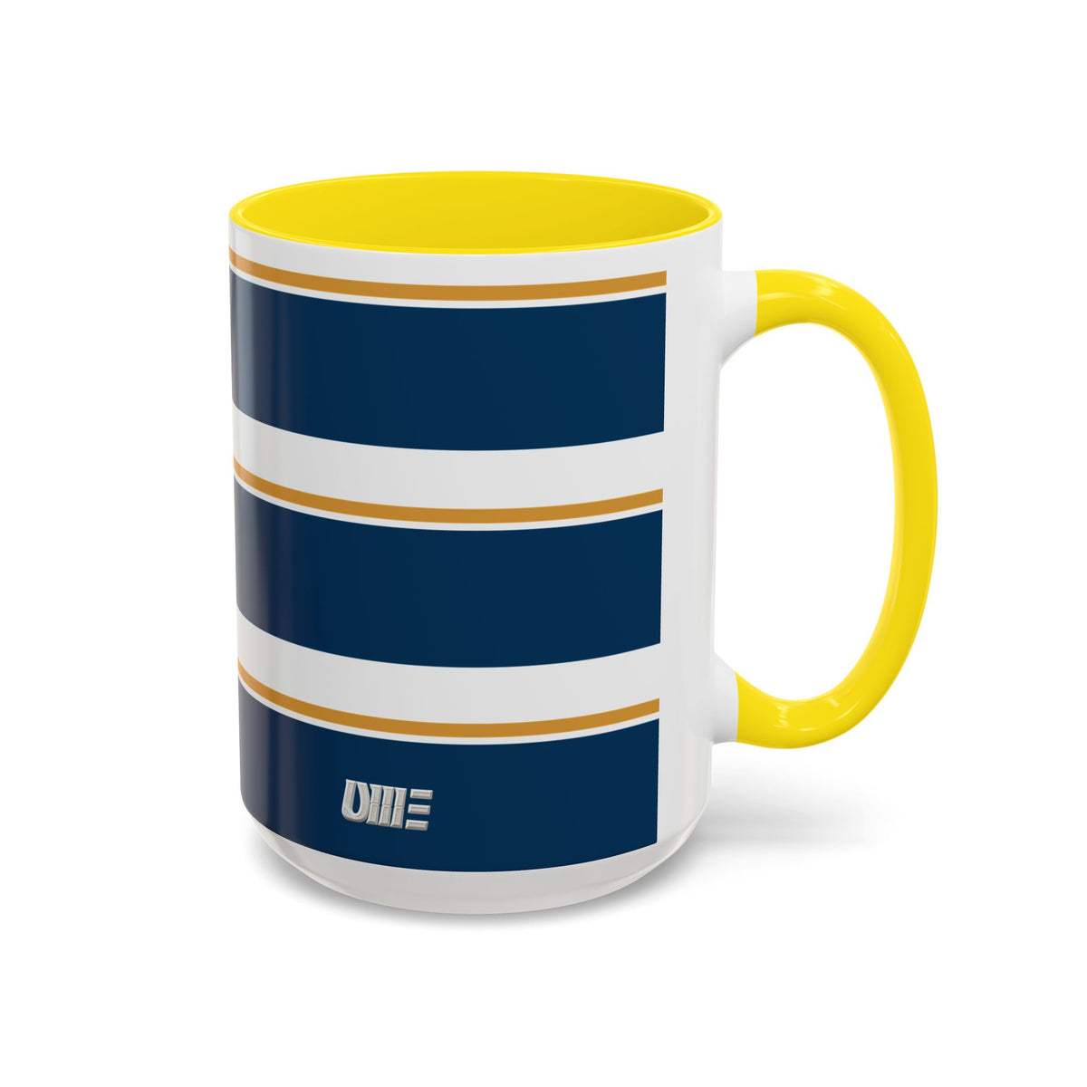 Navy and Gold Striped Accent Mug — White Ceramic