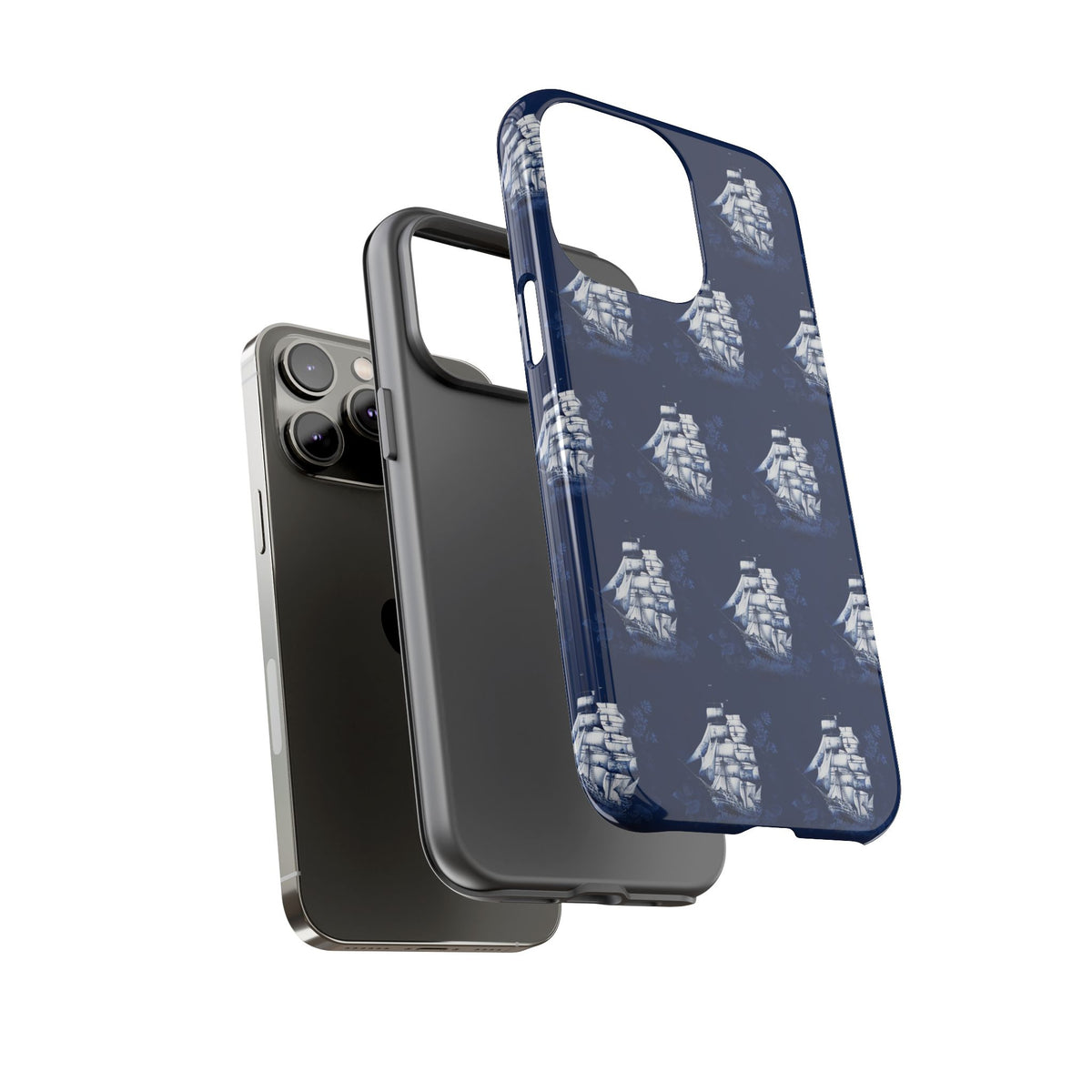 Navy Sailing Ship Phone Case — Navy Blue Vintage Nautical All-Over Print