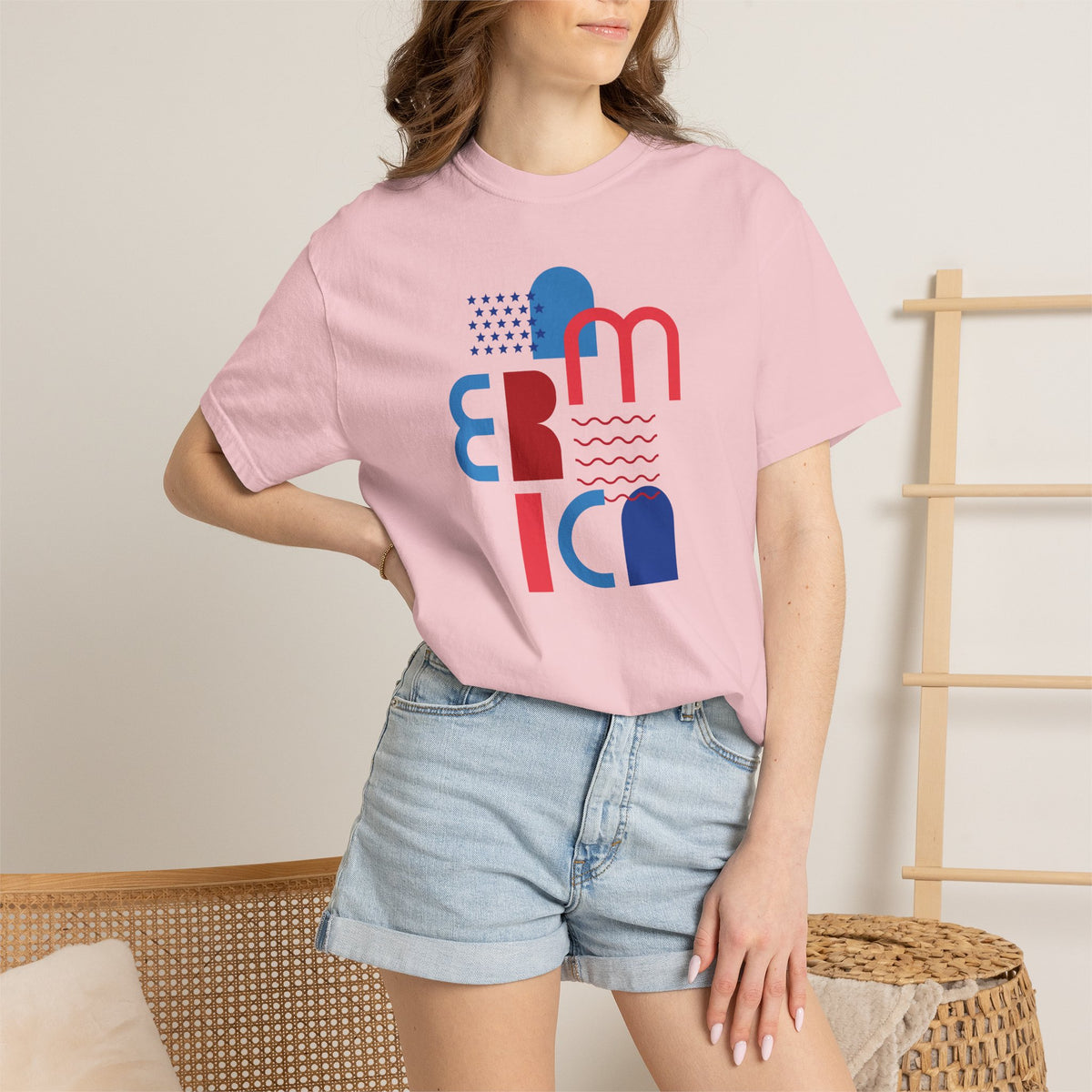 T-Shirt — Abstract 'America' Graphic Tee (Red & Blue Geometric Design)