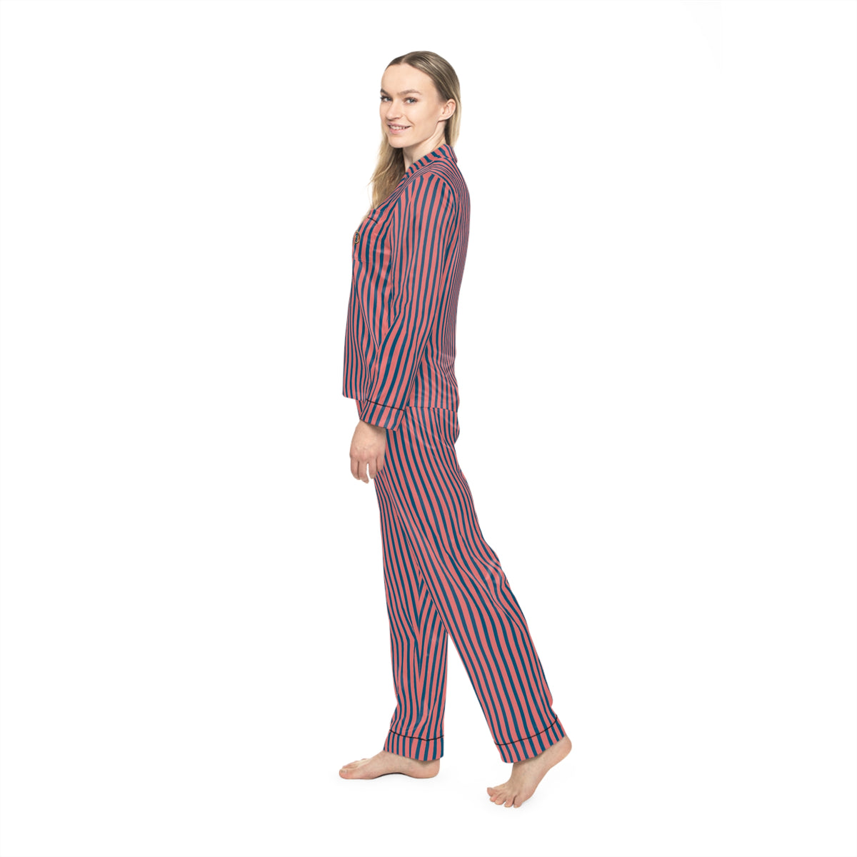 UME Striped Satin Women's Pajama Set — Coral Pink All-Over Print