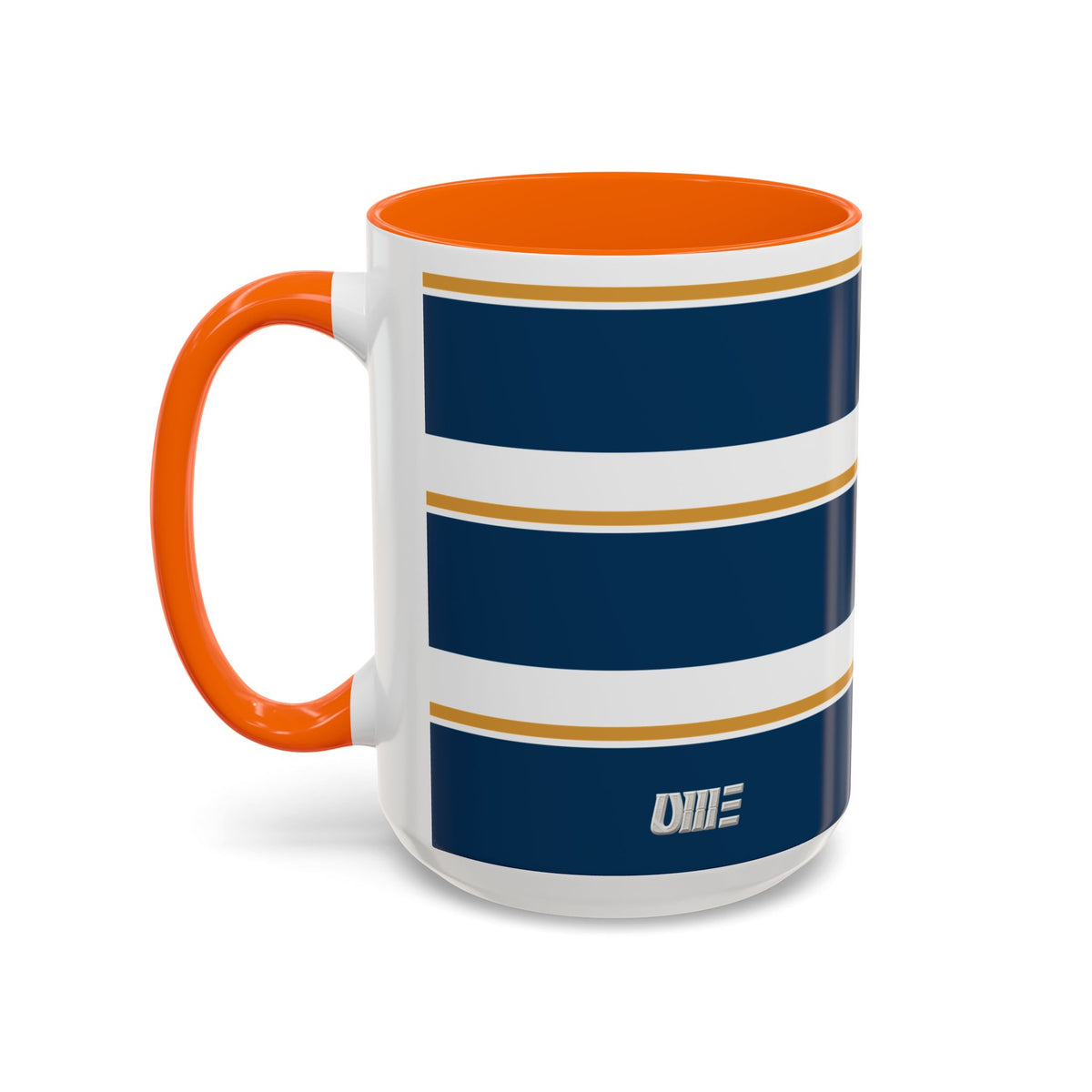 Navy and Gold Striped Accent Mug — White Ceramic