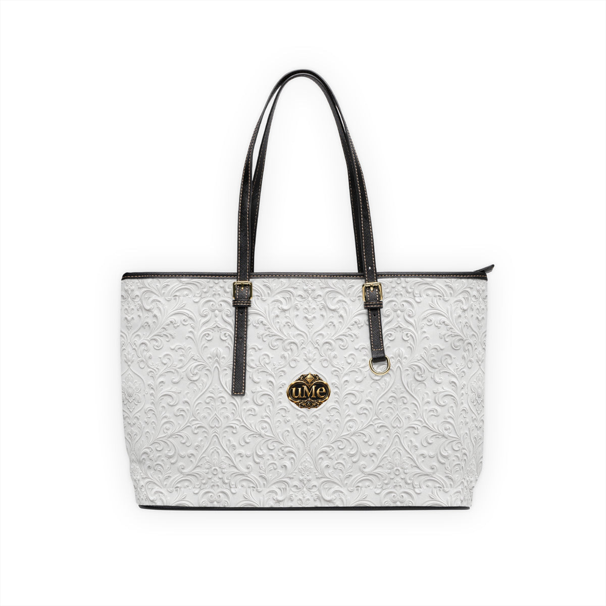 White UME Gold Crest Shoulder Tote — PU Faux Leather Scroll Print
