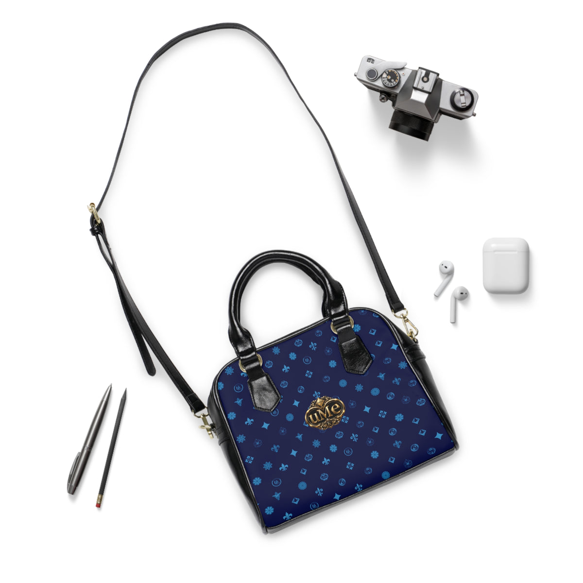 UME Monogram Pattern Shoulder Handbag — Navy All-Over Print with Gold Crest