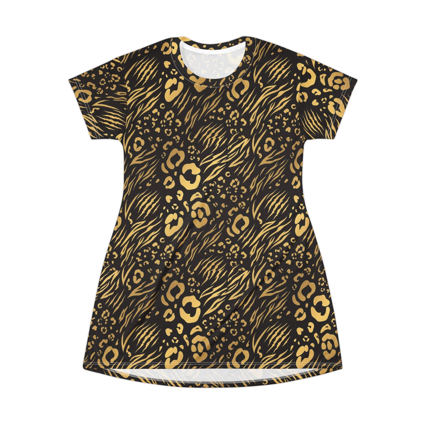 cheetah Print T-Shirt Dress – All-Over Gold & Black Animal Pattern