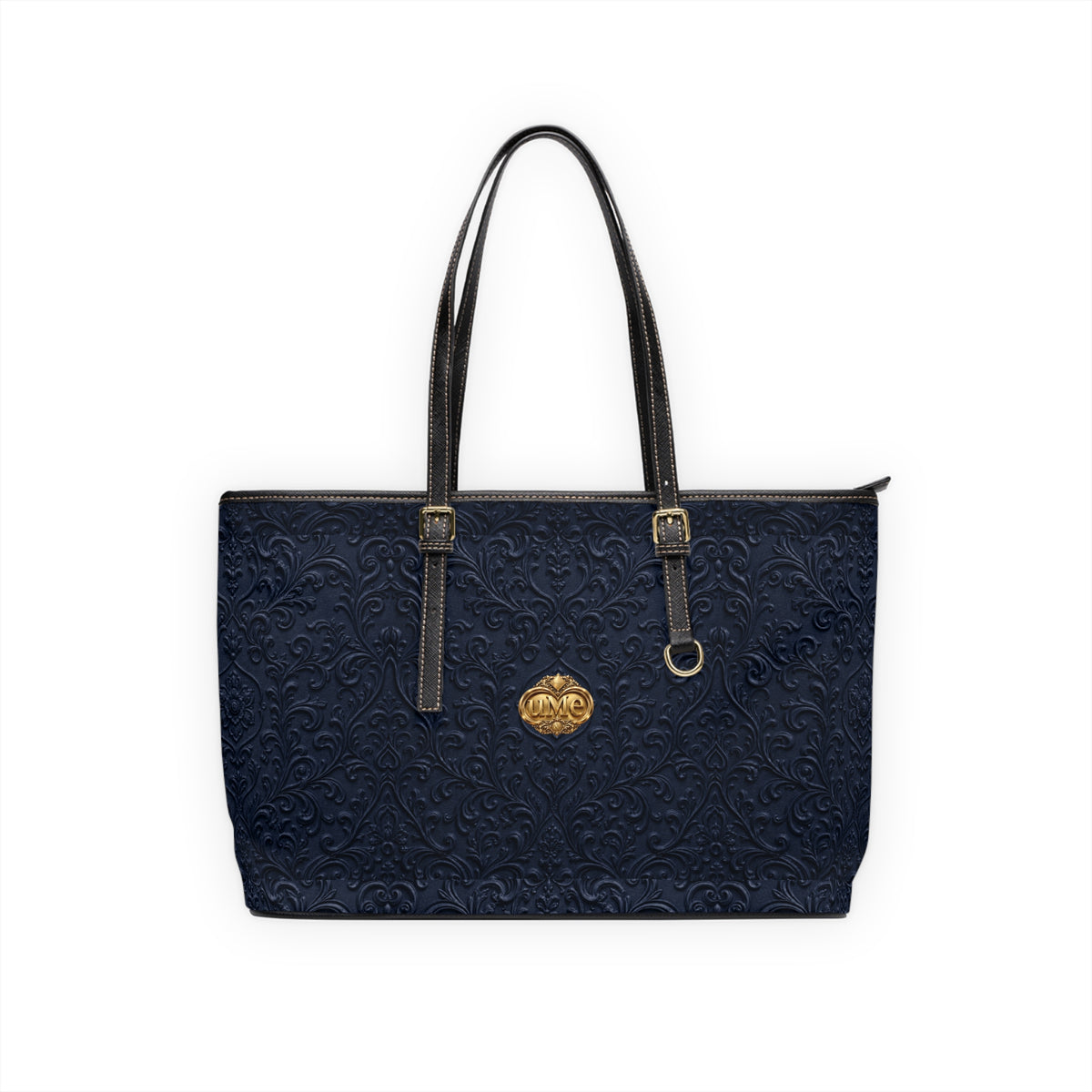 Navy UME Gold Crest Shoulder Tote — PU Faux Leather Scroll Print