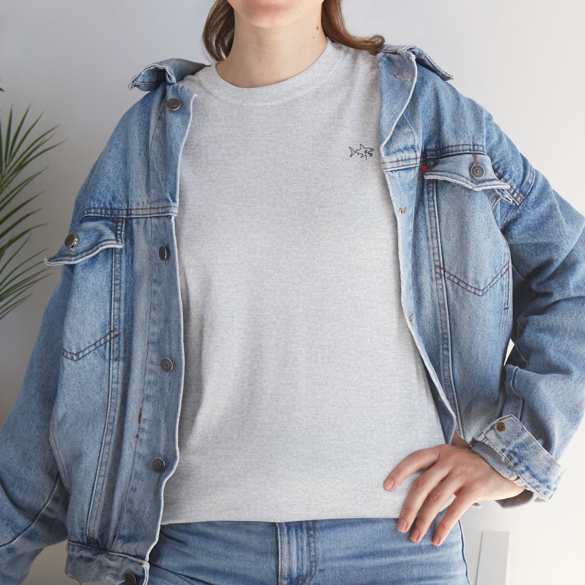 Minimalist string design Fish Tee — Small Chest Fish & Back 'OWE' Graphic