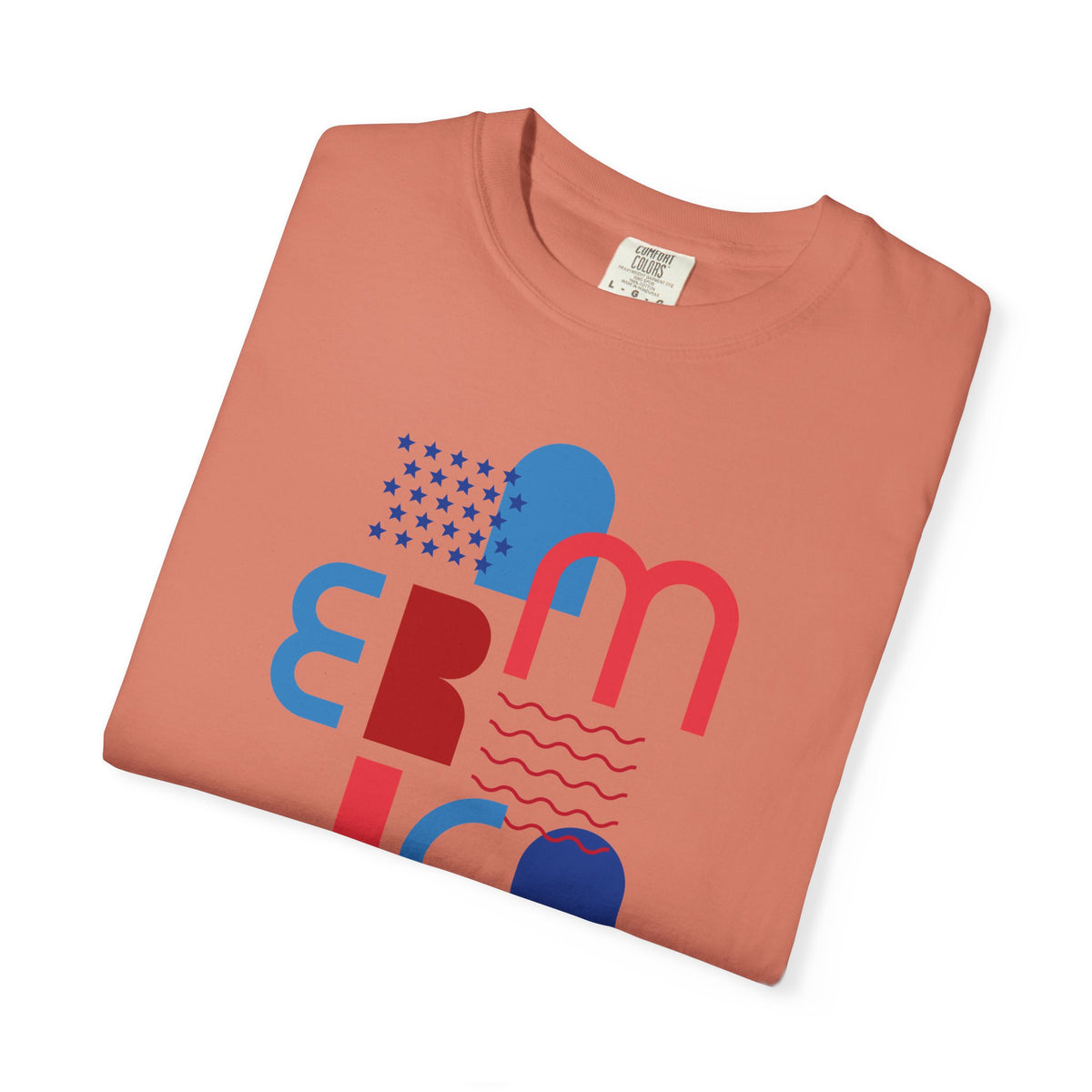 T-Shirt — Abstract 'America' Graphic Tee (Red & Blue Geometric Design)