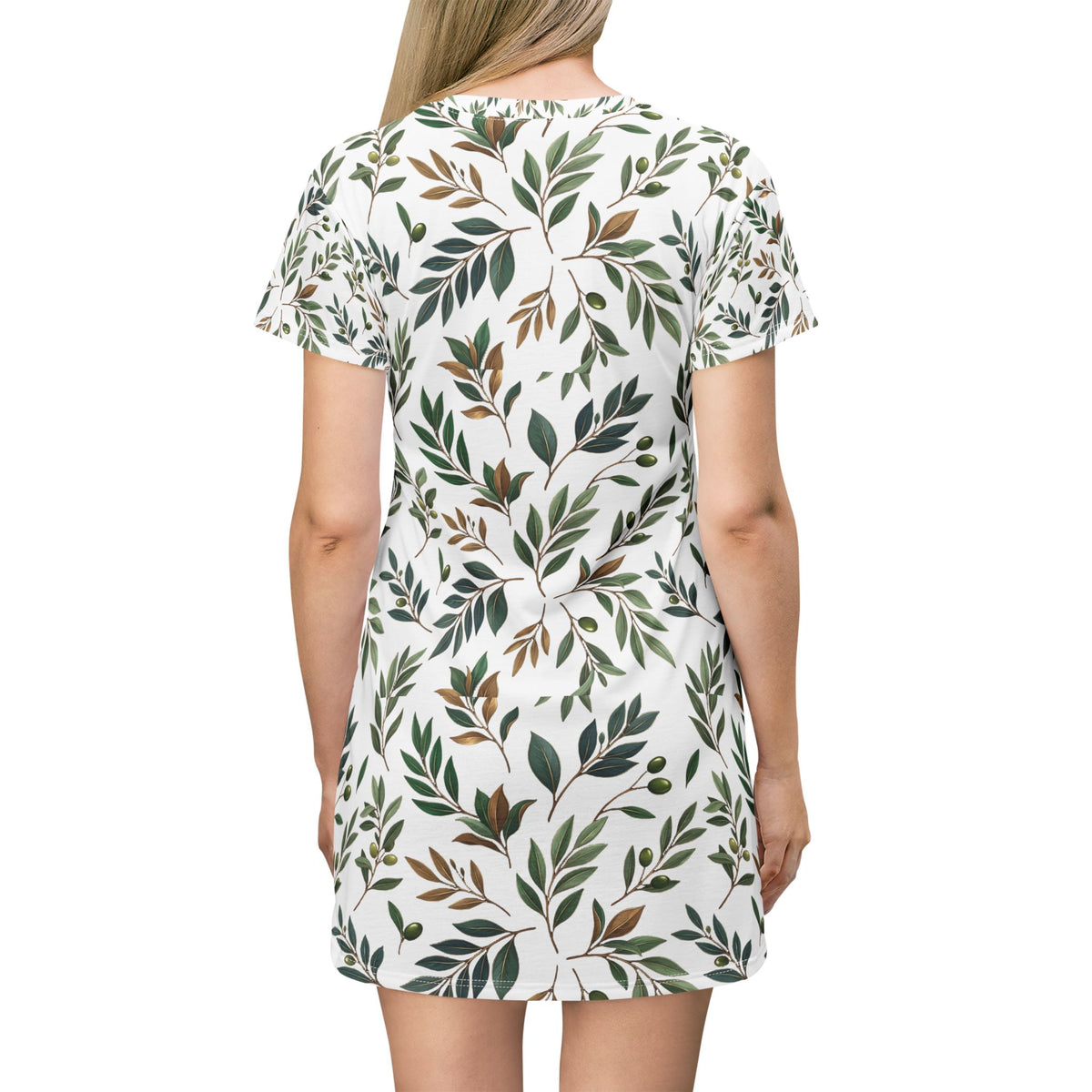 Botanical Leaf T-Shirt Dress — All-Over Print Floral Summer Dress