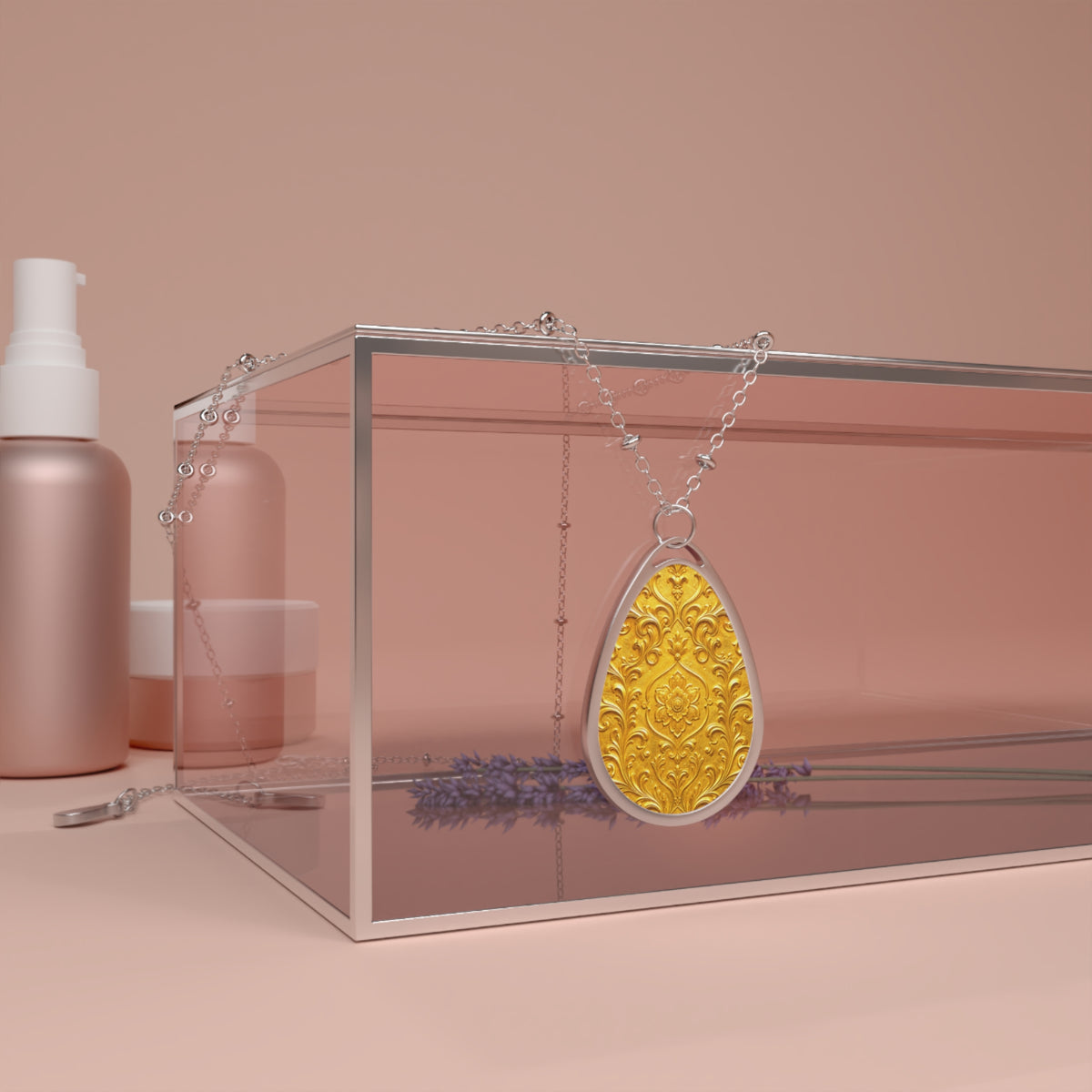 Golden Yellow Floral Teardrop Pendant Necklace — Silver-Colored Frame & Scroll Print
