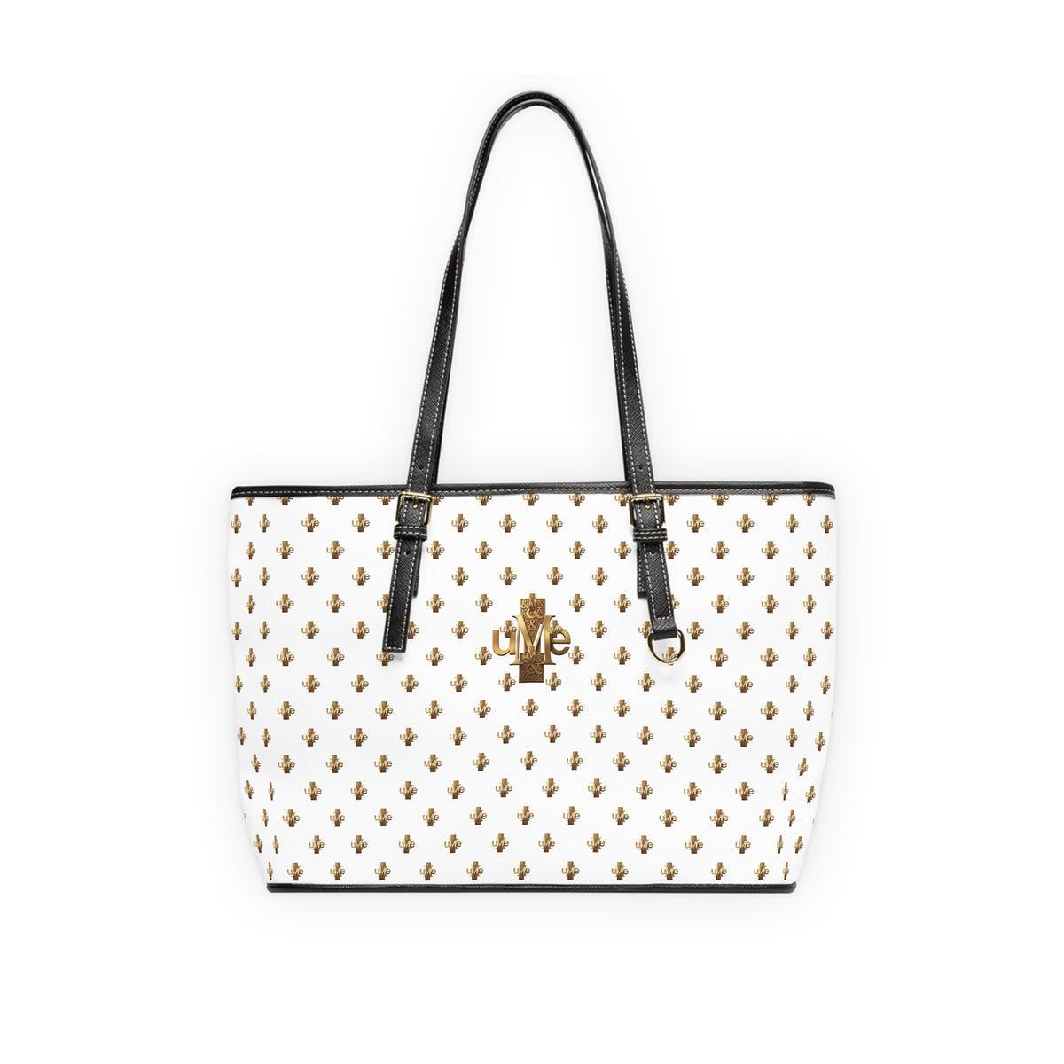 White PU Leather Shoulder Tote — Gold uMe Cross Logo Handbag