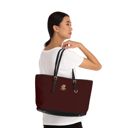 Dark Cherry Smooth Monogram Tote Bag – BL Signature Merlot PU Leather Shoulder Bag with Black Contrast
