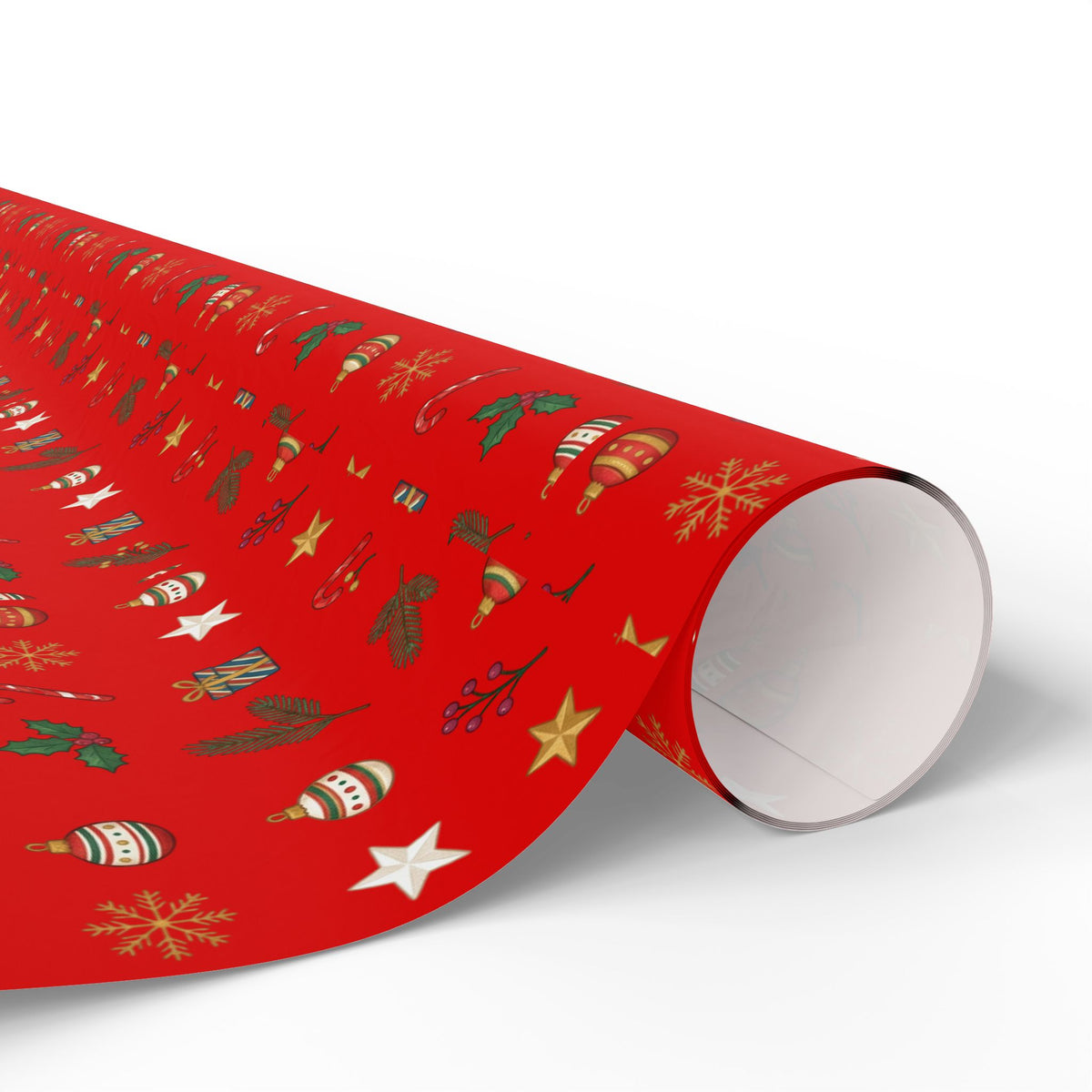 Christmas Wrapping Paper Roll — Red Holiday Ornaments Pattern