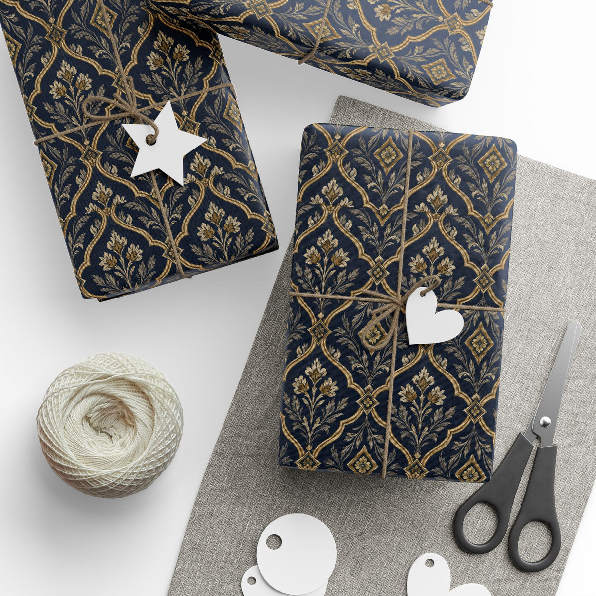 Lux Navy & Gold Damask Wrapping Paper Roll — Elegant Gift Wrap for Weddings, Anniversaries & Holidays