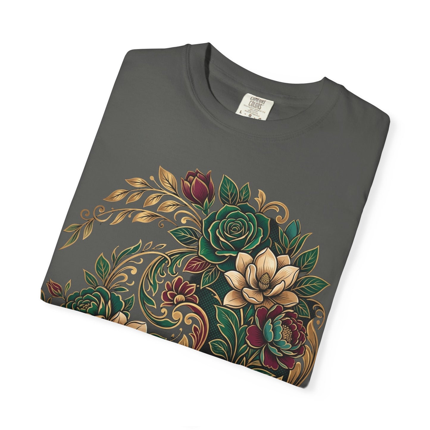 Floral Yin Yang T-Shirt — Vintage Green & Gold Rose Graphic Tee