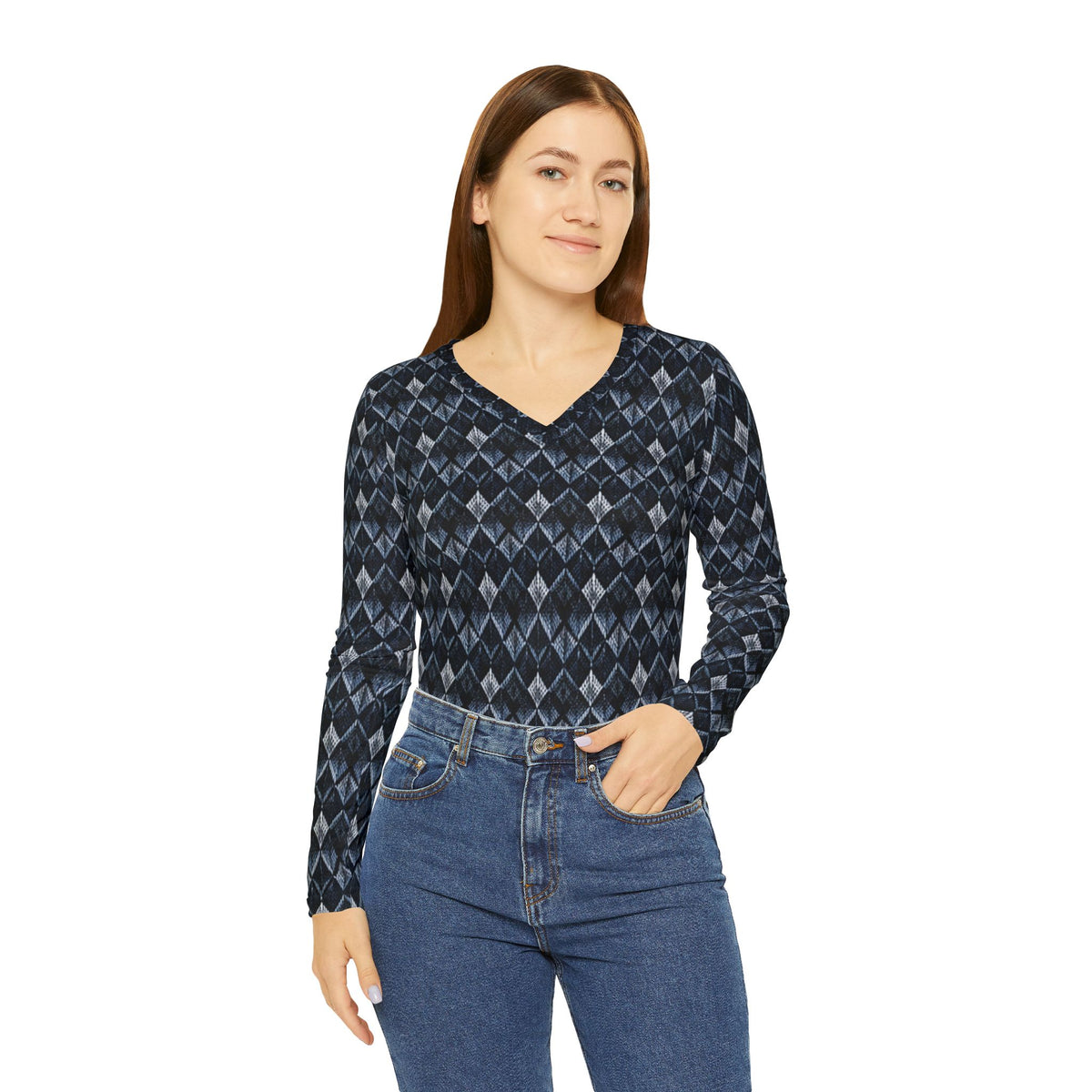 Women’s V-Neck Long-Sleeve Shirt — Dark Blue & Charcoal Argyle All-Over Print