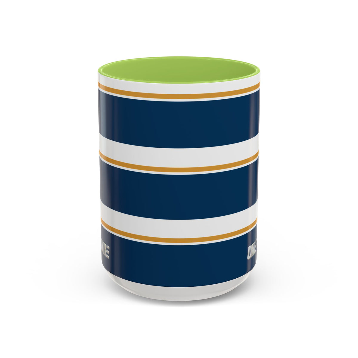 Navy and Gold Striped Accent Mug — White Ceramic